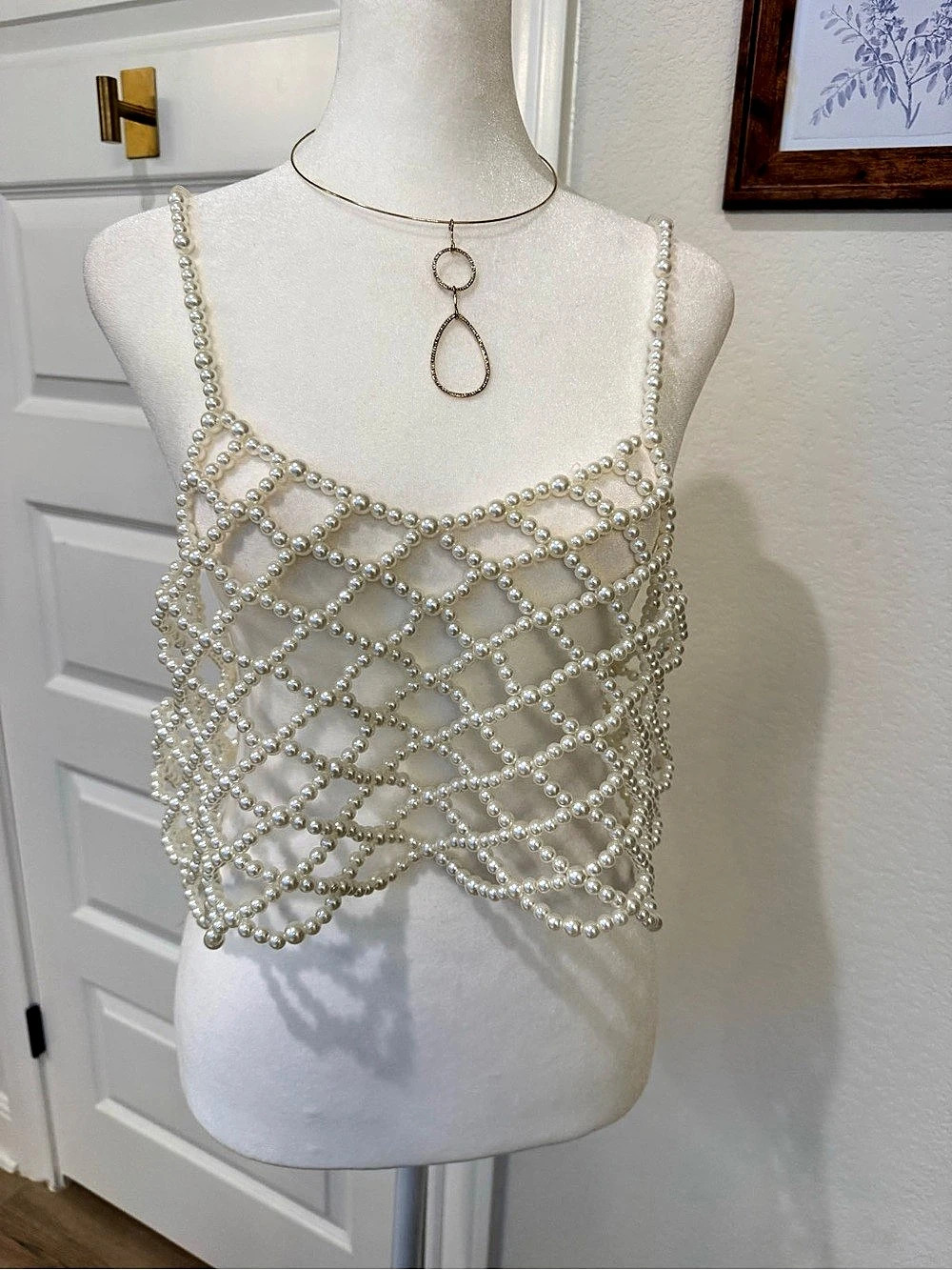 Pearl Beaded Geometric Camisole in White Like New